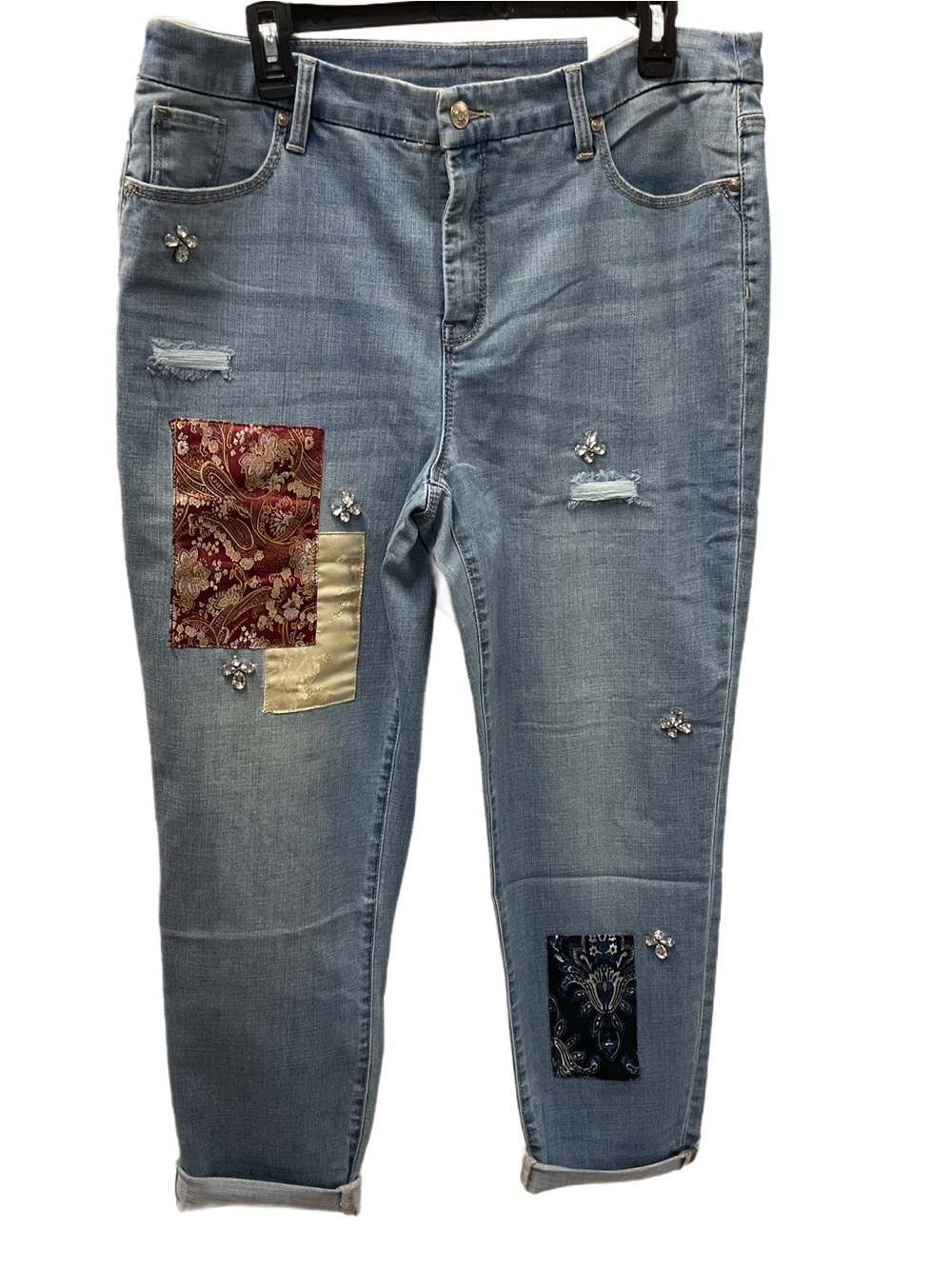 Chico's Light Blue Cropped Patchwork Jeans with Jewel Accents